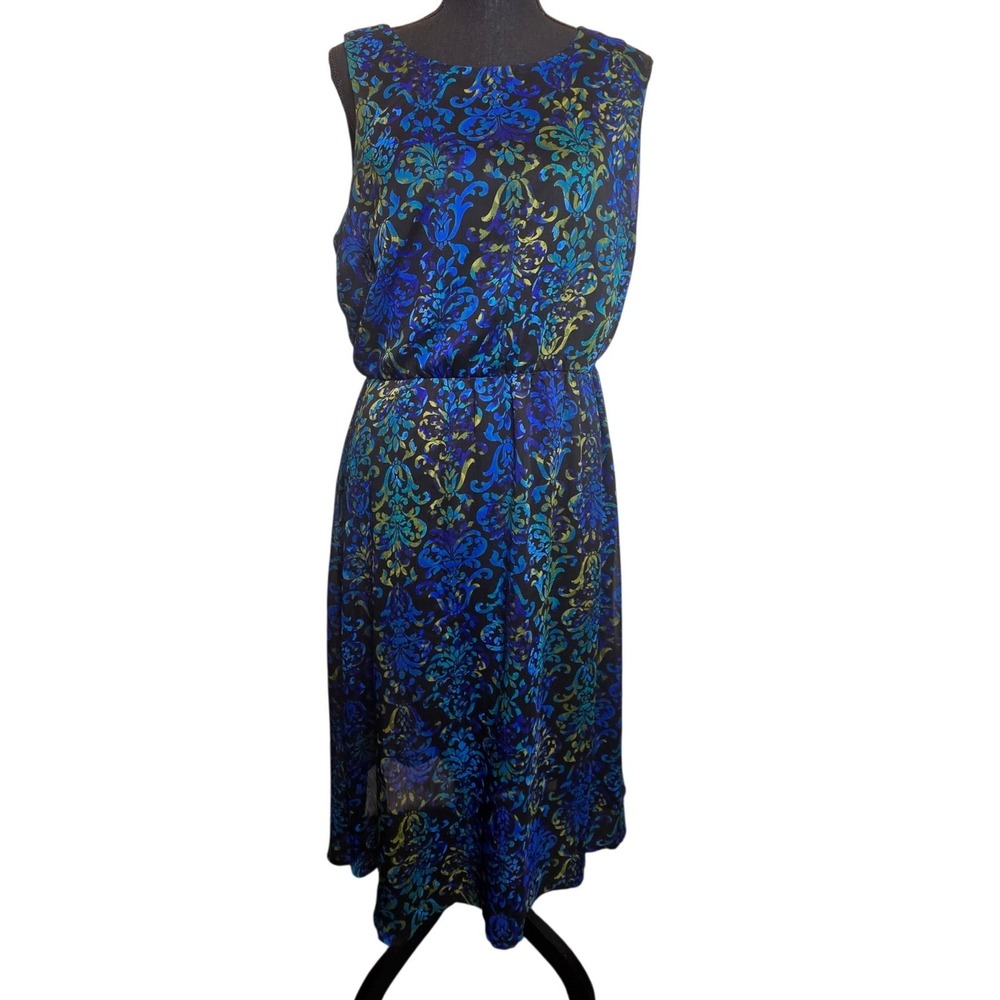 AA Studio Midi‎ Dress Womens 16W Blue Green Damask Sleeveless Chiffon Overlay